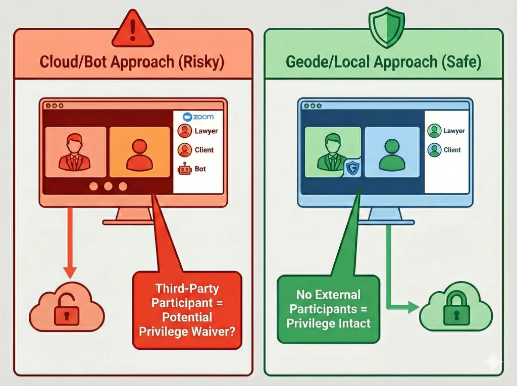 Diagram comparing legal privilege risks: Cloud bots vs. local recording workflow. Using Geode means secure legal transcription.