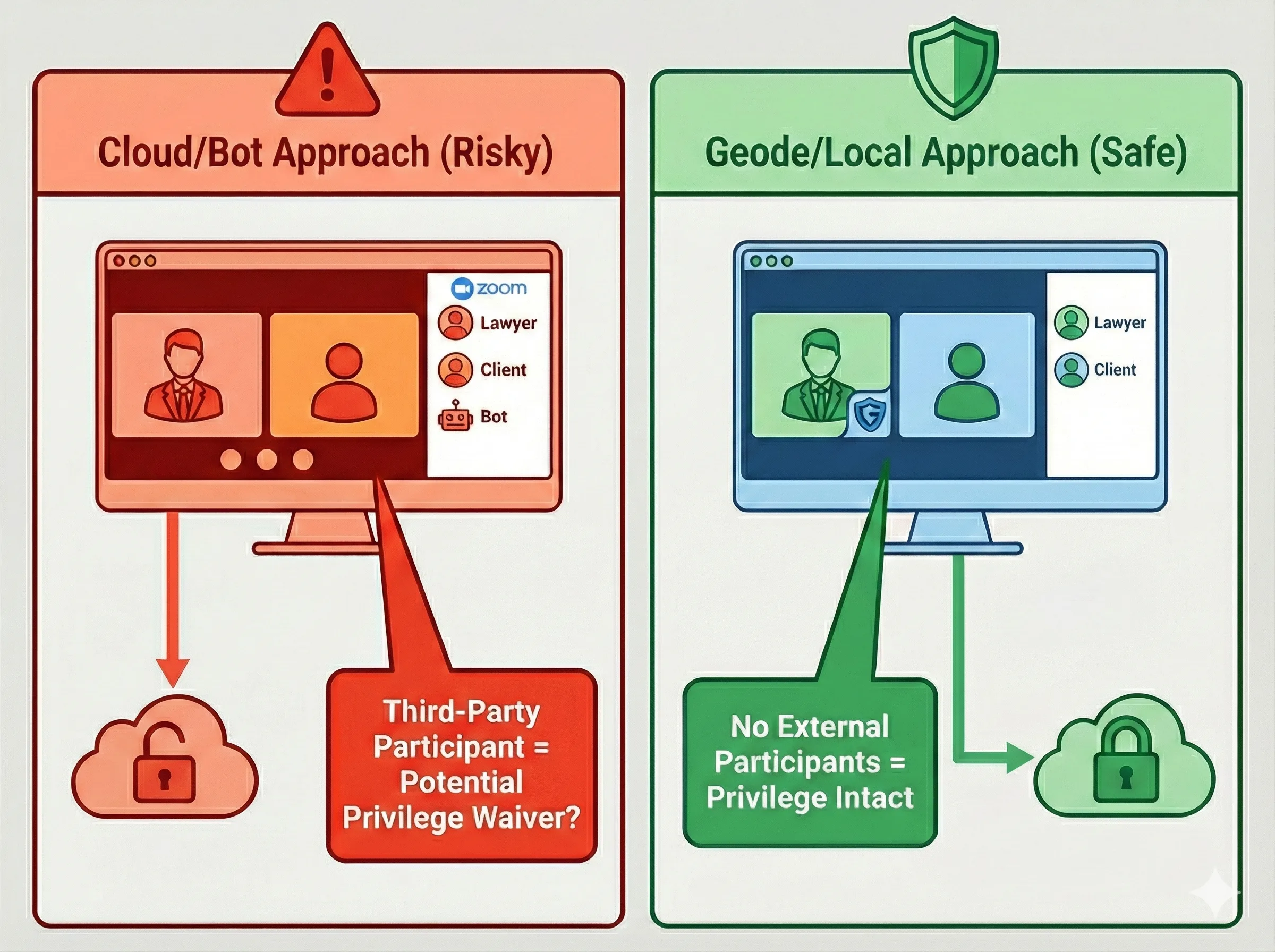 Diagram comparing legal privilege risks: Cloud bots vs. local recording workflow.