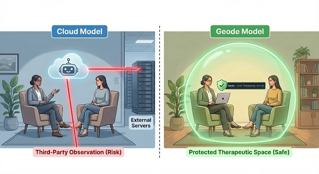 Diagram comparing therapy session privacy: cloud AI bots vs. local offline transcription.