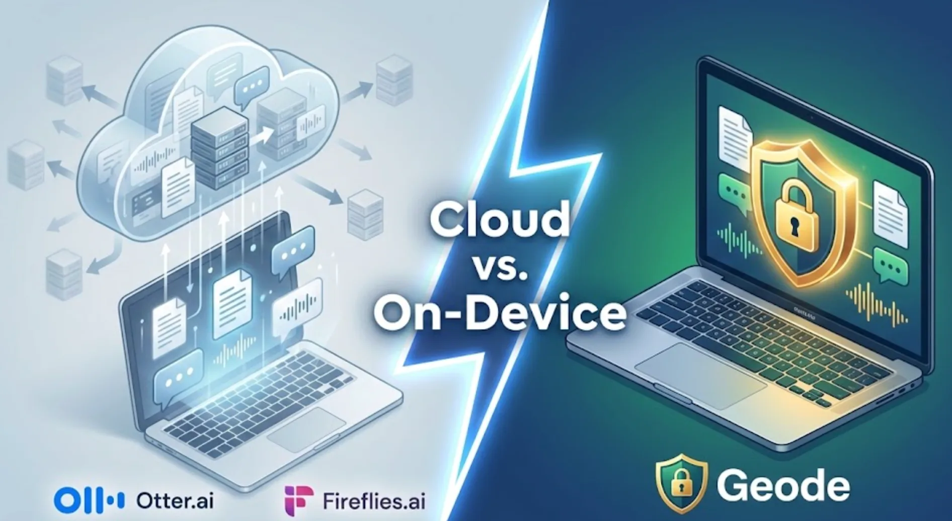 Cloud vs On-Device audio processing security comparison illustrating Geode's local data privacy.