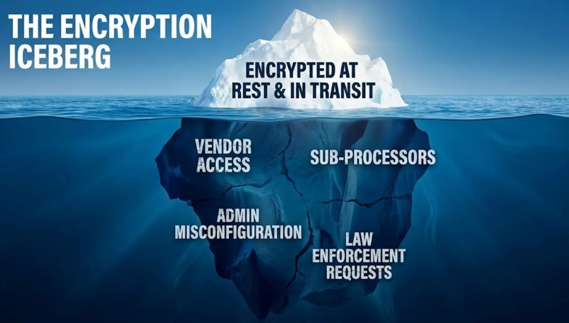 An iceberg diagram illustrating the hidden risks of cloud encryption. The visible tip is labeled "Encrypted at Rest & In Transit," while the larger, submerged portion reveals hidden vulnerabilities including Vendor Access, Sub-processors, Admin Misconfiguration, and Law Enforcement Requests.