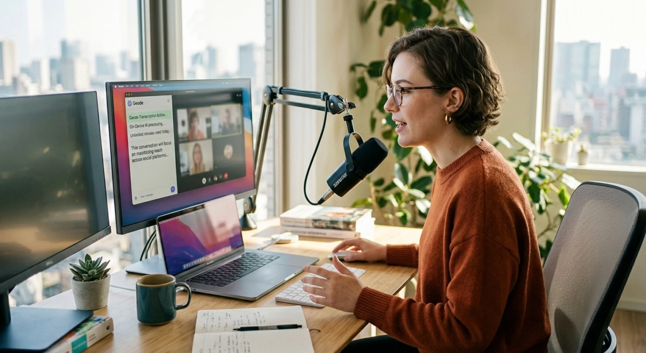 A professional working on a Mac, enjoying unlimited transcription without the stress of monthly minute caps.