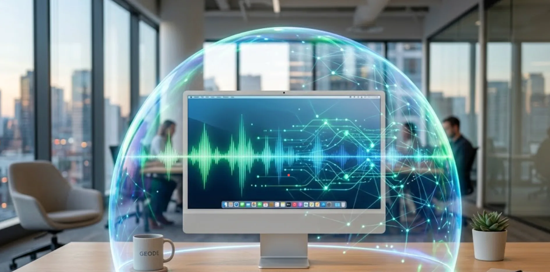 A modern, minimalist office desk featuring a sleek silver desktop computer. A glowing, semi-transparent digital shield surrounds the computer, symbolizing local data privacy and on-device processing. Inside the shield, glowing green and blue audio waveforms and AI network lines are active. No external cables or cloud connections. Professional corporate photography, clean aesthetic, depth of field, highly detailed.